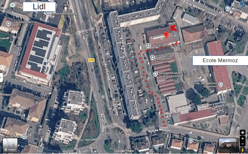 Vue satellite du quartier : depuis la rue de Monzon, un tracé rouge longe le parking de la rue Pierre Bauduc jusqu’à la salle du club, marquée d’une croix, entre le Lidl et l’école Mermoz